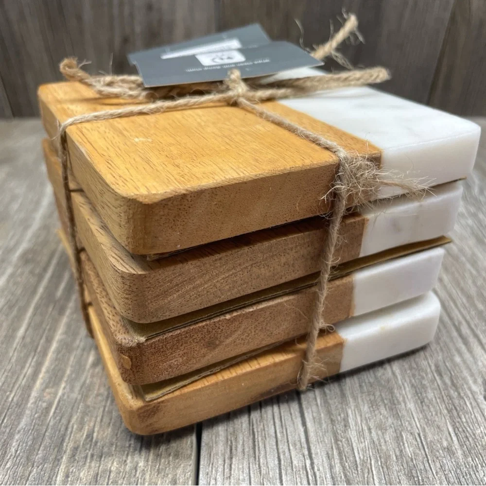 Threshold Quality & Design Set of 4 Manchester Marble & Wood Coasters NEW